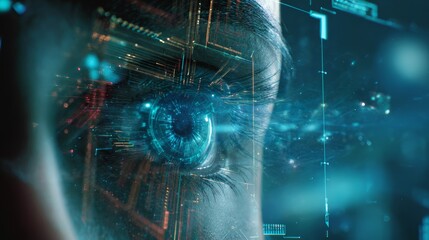 Close up of futuristic human eye with digital holographic data interface, biometric scanning technology for cyber security and AI vision
