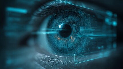 Futuristic human eye with digital holographic interface, biometric scanning technology concept for cyber security and artificial intelligence
