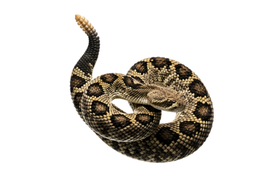 A detailed close-up presentation of a coiled rattlesnake against a stark black background, highlighting its intricate pattern and texture.