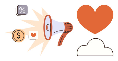 Megaphone with speech icons, heart, dollar coin, and cloud visualizing ideas thumbs up marketing, charity, finance, emotional appeal, sales, advertising and online promotion in a simple flat