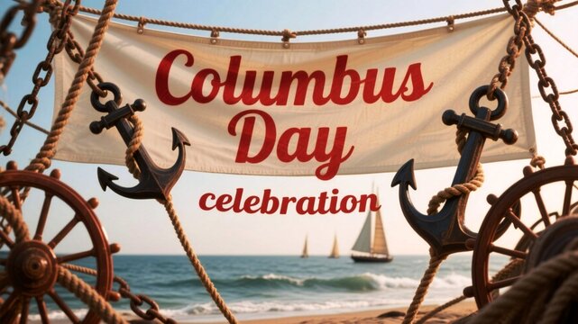 Celebrate Columbus Day with a nautical theme featuring a banner, anchors, and sailboats at the beach, perfect for festive promotions and historical commemorations
