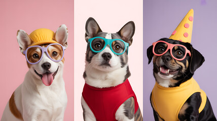 Fototapeta premium Three dogs wearing colorful hats, sunglasses, and outfits against pastel backgrounds