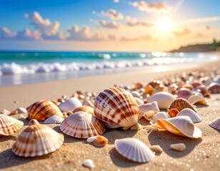Seashells on a golden beach at sunset.  Ocean waves gently lap the shore