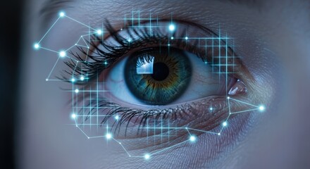A close up of a human eye with digital grid and connecting dots overlayed on the eye and surrounding skin