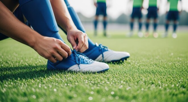 A soccer player tying his blue and white cleats on a green field with other players in the background