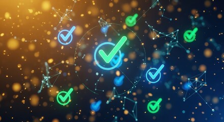 Floating check marks in circles connected by lines with bokeh lights in the background