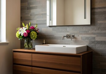Elegant bathroom vanity with a modern aesthetic featuring a white rectangular sink and floral arrangement creating a