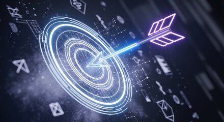 Obraz premium Glowing arrow hitting the center of a target surrounded by digital icons on a dark background concept