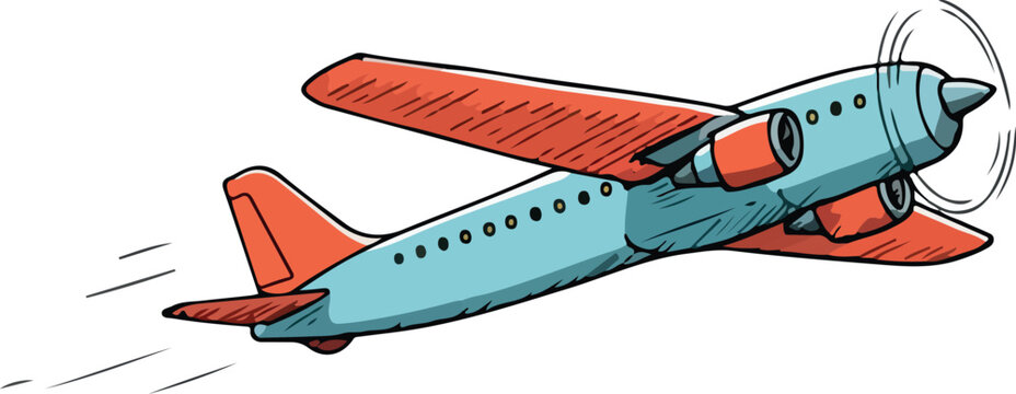 Fototapeta Cartoon airplane flying in the sky with red wings and blue body.