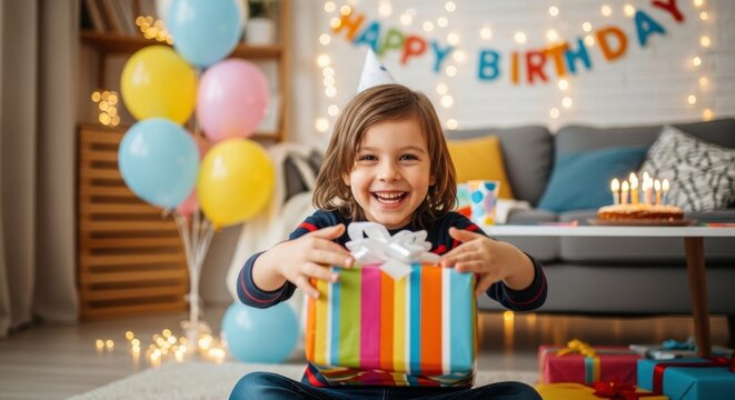 Excited young boy holding a colorful birthday present in a decorated living room with balloons and cake
