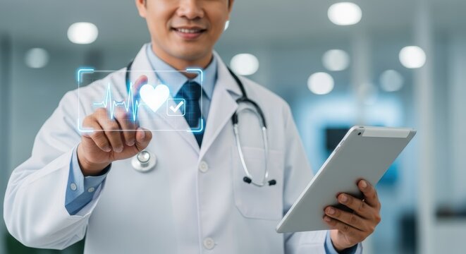 A doctor interacting with a digital heart rate display while holding a tablet in a bright setting