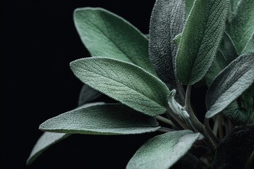 Close-up of sage leaves against black background