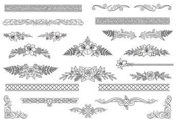 Elegant floral border collection, vintage botanical elements in black outline