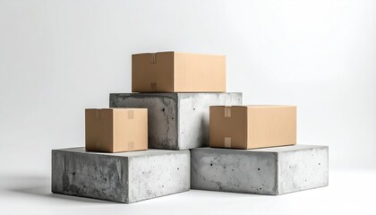 Three cardboard boxes sit atop staggered concrete blocks against a bright, neutral background. Minimalist composition with clean lines and textures