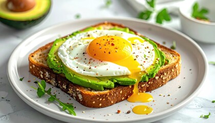 Sunny-side-up egg atop avocado toast on a square plate, with vibrant yolk drizzle and a fresh, bright ambiance
