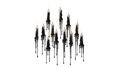 Floating black taper candles, white flames flickering above dramatic wax drips, isolated against a pure white background, evoking a mystical and mysterious mood
