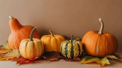 Assorted pumpkins and gourds arranged on autumn leaves against a neutral background