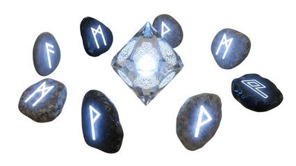 A mystical circle of glowing Norse rune stones floating and orbiting a luminous central crystal on a clean white isolated background