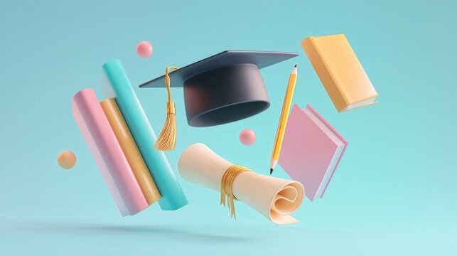 A colorful arrangement of educational items, including books, a graduation cap, and a diploma, floating against a soft blue background.