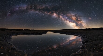 Milky way reflection in calm water landscape