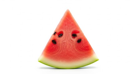 A refreshing slice of ripe watermelon with its vibrant red flesh and small black seeds, captured in a studio shot against a clean white background, perfect for summer themes and healthy eating