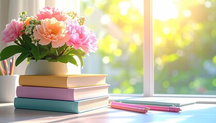 Pink and peach peonies in a vase sit atop stacked books near a sun-drenched window, with pens and pencils on the desk