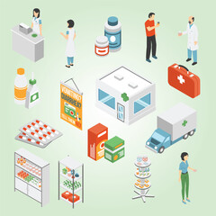Obraz premium Isometric Detailed Pharmacy Scene with Staff, Products, and Delivery Truck