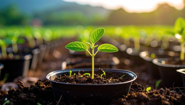 Seedling sprouts in fertile soil, backlit by soft sunlight, evoking growth and hope in a meticulously cultivated field