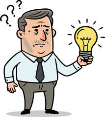 Confused businessman holding lightbulb seeking innovative ideas and solutions.