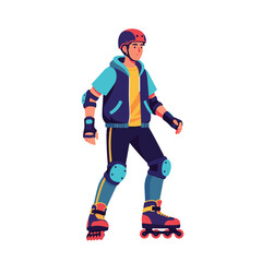 2D flat vector illustration of teenage character, roller skating at outdoor park, wearing protective pads and helmet
