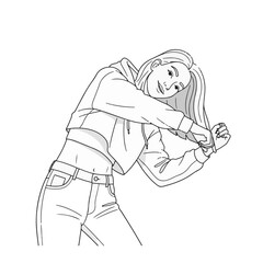 2D flat vector illustration of a gilpy teenage girl in crop hoodie and jeans, performing a shoulder lean hip hop dance pose