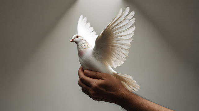 White dove with outstretched wings perched on a human hand against a soft-lit background - Powered by Adobe
