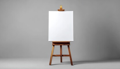 Blank canvas on wooden easel against gray background
