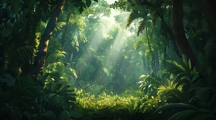 Serene digital painting depicting lush rainforest with sunlight for tranquil jungle scene peaceful calm scenic natural landscape enchanting tropical outdoor beauty concept