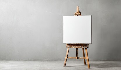 Blank canvas on wooden easel against a textured wall