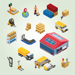 Isometric Detailed Logistics and Shipping Service Industry Elements Illustration
