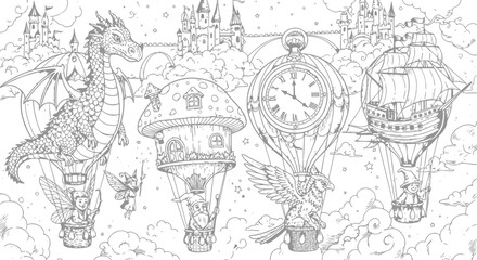 Obraz premium Vector illustration of mystical hot air balloon festival, with uniquely shaped balloons, fantasy creatures as pilots, and cloud castles