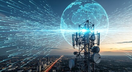 Global connectivity with a modern cell tower transmitting data over a vibrant city skyline, symbolizing innovation and seamless communication networks