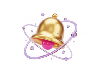 3d icon of golden bell with pink orb and purple orbits isolated on transparent background