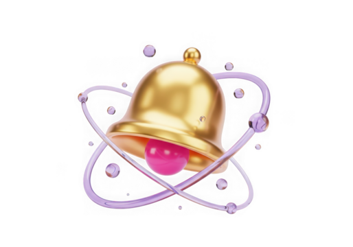 3d icon of golden bell with pink orb and purple orbits isolated on transparent background