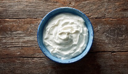 Creamy yogurt in a blue bowl on a wooden table