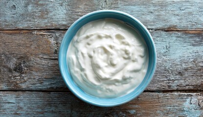 Yogurt in a blue bowl on weathered wood