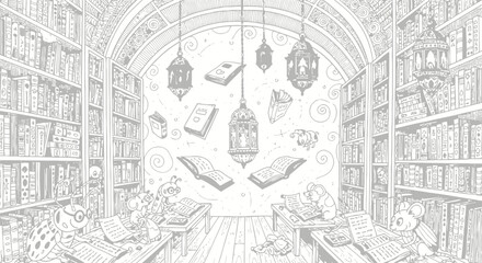 Vector illustration of a cozy library interior with bookshelves filled with books, lanterns hanging from the ceiling, and desks with open books, for coloring pages