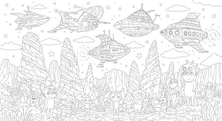 Naklejka premium Vector illustration of intricate alien landscape with futuristic spaceships, showcasing a detailed line art style for coloring book enthusiasts