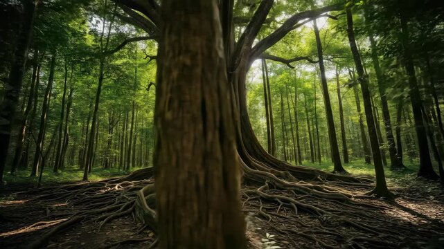 Majestic banyan tree with sprawling roots in sunny green forest landscape, tranquil nature scene, vibrant light, and environmental concept.
