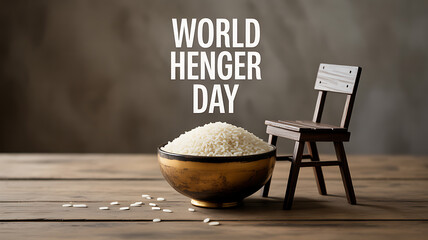 World Hunger Day symbolized by a bowl of rice and a small chair on a wooden table