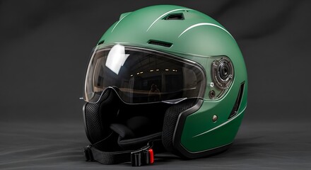 A close-up,  shot of a stylish, matte olive green motorcycle helmet, showcasing its design elements and clear visor.