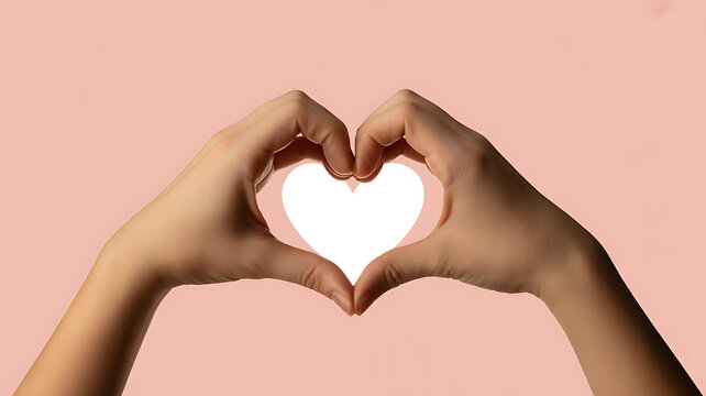 Hands forming a heart shape against a soft pink background