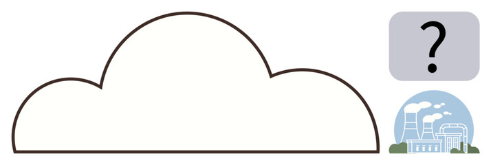 Large cloud outline paired with a factory emitting smoke and a question mark overlay. Ideal for pollution, environment, uncertainty, climate change, energy, sustainability, and emission topics
