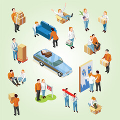 Isometric Illustration of Family Moving to New Home with Belongings